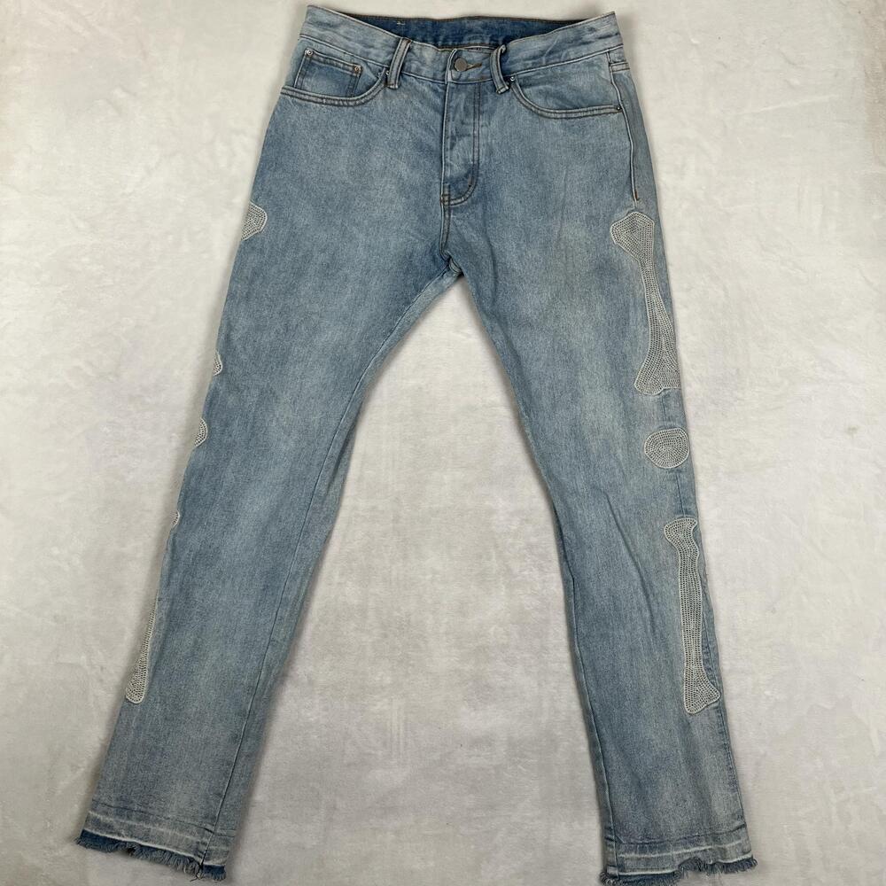 Mnml Jeans Mens 31x34 Blue Slim Skinny Bones Embroidered Denim Light Wash Pants